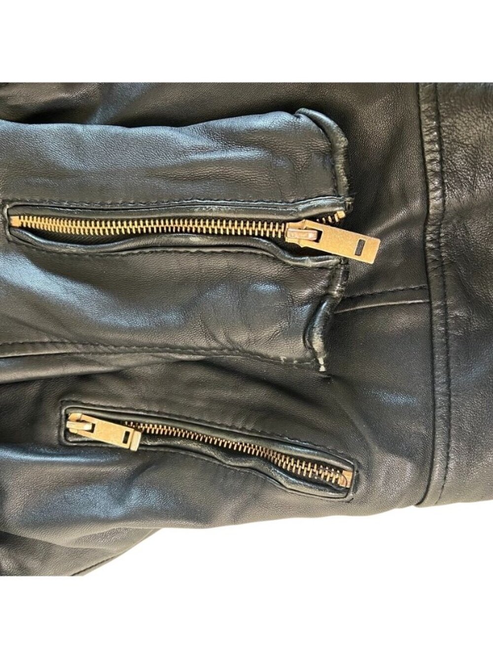 Zara Black Lamb Leather Moto Jacket Gold Hardware Quilted Biker Womens Sz Large - Picture 6 of 16